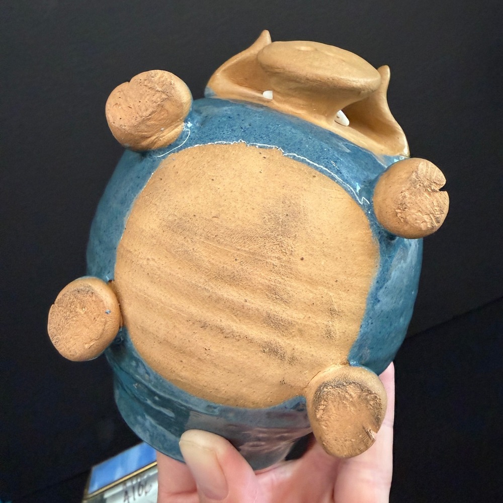 Vintage Piggy Bank with Cork Butt Blue Glazed ceramic Whimsical Pig Figurine - Picture 8 of 13